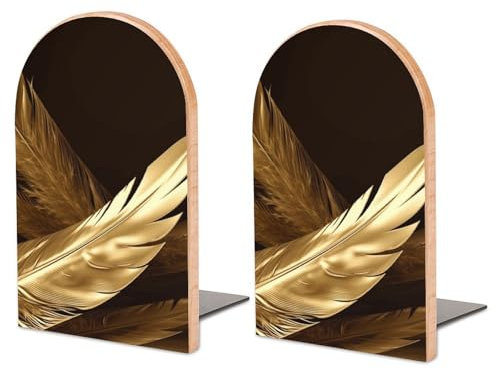 Buchstützen aus Holz, goldene Federn, bedruckte Bücherregal-Buchstützen, dicke Buchstützen und Schreibtisch-Aufbewahrung, Buchstützen, 1 Paar