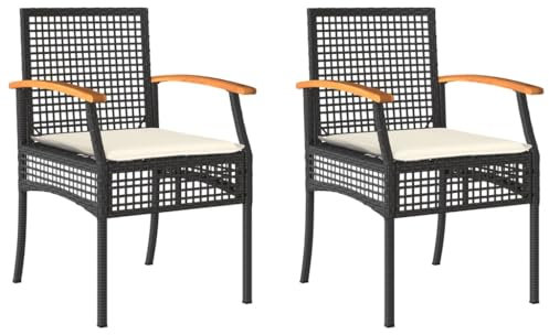 ULUYYUC Balkonsessel Camping Tisch Stuhl Set Balkonstühle Gartenmöbel - Gartenstühle mit Kissen 2 STK. Schwarz Poly Rattan Akazienholz für Balkon Speisesaal Außenbereich Garten