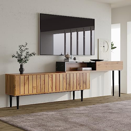 SOFTWEARY Lowboard 129–200 cm justerbar i längd, TV-skåp, TV-bord, TV-skåp för vardagsrum, stående