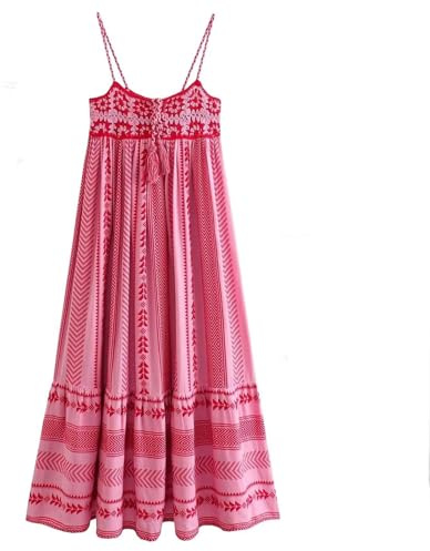 Gyios Gonna Lunga Abito con Cinturino A Maglia Vintage Bohémien per Lo Stile di Vacanza da Donna-Pink-s