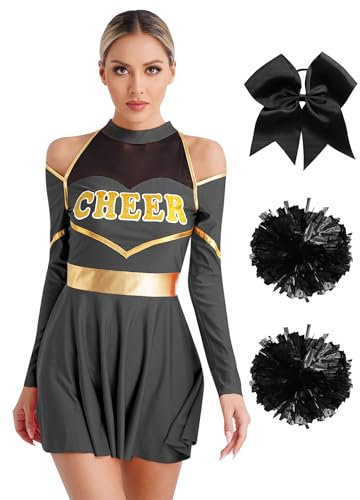 HULIJA Damen Cheer Leaderin Kostüm Langarm Cheer Kleid + Pompoms + Stirnband Cheerleading Uniform Halloween Karneval Fasching Party Schwarz S