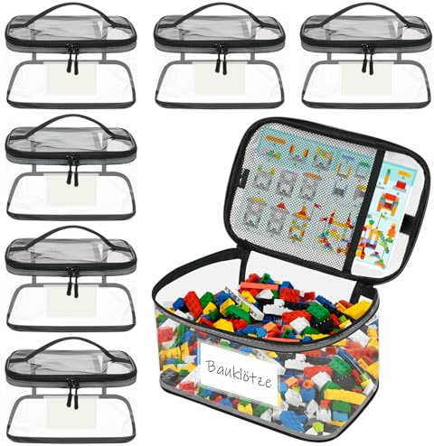 6 Stück Spielzeug Aufbewahrung mit Namensetikett und Anleitung Beutel, wasserdicht klar PVC aufbewahrung Spielzeug mit Reißverschluss für Lego Aufbewahrung, Puzzles, Blöcke und Brettspiele
