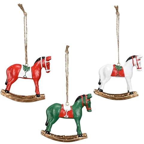 Baumschmuck 3er Set Schaukelpferde aus Polyresin zum Hängen - Rustikale Deko für Baum, Türkranz - Adventskranz - Skandinavische Dekoration - Baumanhänger