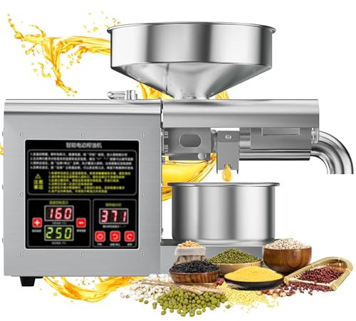 Presse à Huile Automatique pour L'extraction D'huile Tournesol Graines de Lin Arachides Sésame Noyaux D'olives Avec Trémie de 6 L, Moulin à Huile Domestique Chaud/Froid en Acier Inoxydable