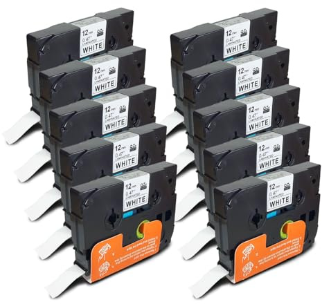 GROF 10 Stück TZe-231 Laminierte Schriftband 12 mm x 8 m – Schwarz auf Weiß, kompatibel mit Brother P-Touch PT-D210 D450 H110 H1000, wasserfestes Etikettenband für Büro, Werkstatt & Küche