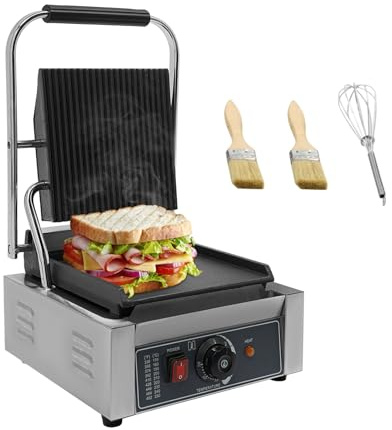 Fridgestea Commercial Sandwich Maker 1800W, Stainless Steel Single Head Panini Press Grill, Upper Grooved Plate & Lower Flat Plate, 50-300°C Temp Adjustable