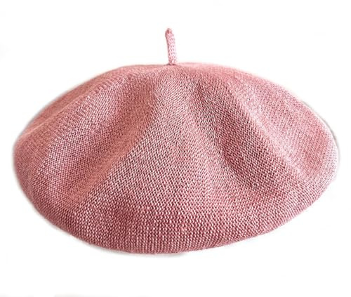 JOYHY Damen Sommer Uni Leinen Atmungsaktiv Stricken Französisch Baskenmütze Barette Rosa L
