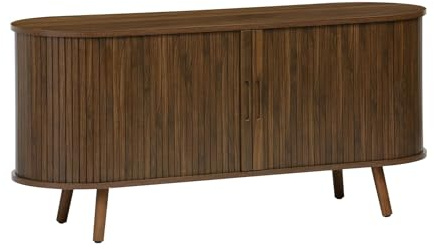 Alice's Garden sweeek - Meuble TV scandinave 2 Portes coulissantes. 4 Compartiments. décor Bois rainuré Noyer. L120 x 40 x 57 cm