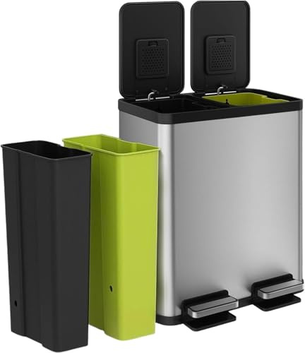 Simpli-Magic 16 Gallon (30L x 30L) Dual Compartment Step Trash Can – Kitchen Garbage Can with Slow-Close Lids – Waste & Recycling Bins, Odor Control, Hands-Free, Easy to Clean, Stainless Steel