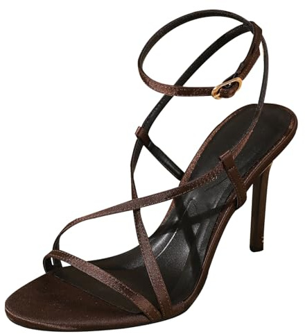 Sandaletter dam med korsband av satin, 9,5 cm stilettklack, runda öppna tår – sommarfester och strandbröllop, BRUN, 41 EU