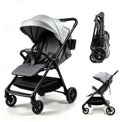 Magic ZC Ultraleichter Kinderwagen mit nur 4,6 kg, Buggy mit Verstellbarer Liegeposition, Kompakter, Tragbarer, Reisebuggy für Babys bis 15 kg, Zusammenklappbarer Kinderbuggy mit Zubehör (A8 Grey)