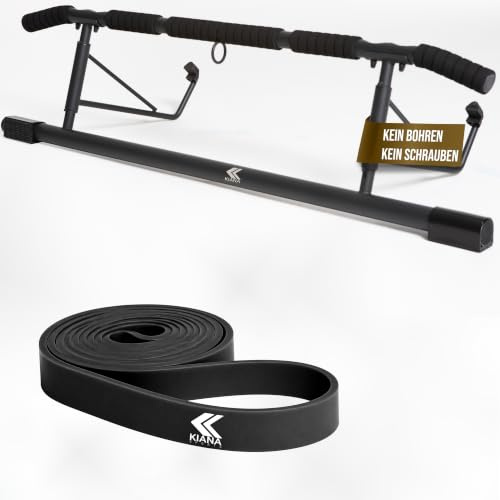 KIANA Sports Klimmzugstange für Türrahmen ohne Bohren & ohne Schrauben | Pull Up Bar Tür bis 150kg | inkl. Widerstandsband & Übungsplan | Indoor Klimmzugstangen zum Einhängen | Pullup Bar Door