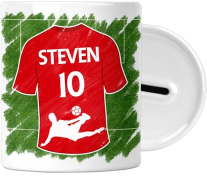 Personalised - FOOTBALL Shirt Money Saving Box - Name and Number - Piggy Bank - Gift for Football Fans - Kids Bedroom Decor, Boys or Girls, Teens or Adults (Red)