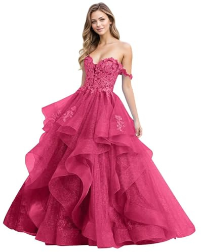 HAIBFJIN Volantes Tul Vestidos De Noche Hombros Descubiertos Vestidos De Quinceañera Vestido De Bola Largo Apliques De Encaje Vestido De Novia, fucsia, 50