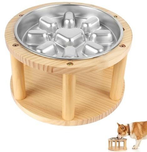 Vivifying Raised Dog Bowl, Stainless Steel Slow Feeder Dog Bowl with Pine Wood Stand, 15cm Height for Small&Medium Dogs