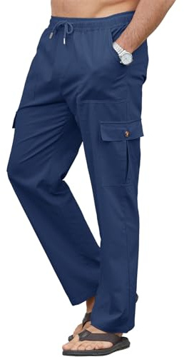 YloveM Pantaloni Lino Uomo con Tasche Casual Estivi Pantaloni Uomo Estivi Cotone con Elasticizzati Vita Spiaggia Cargo Pantalone Lino Uomo Larghi con Coulisse Leggeri Yoga Blu Navy XL