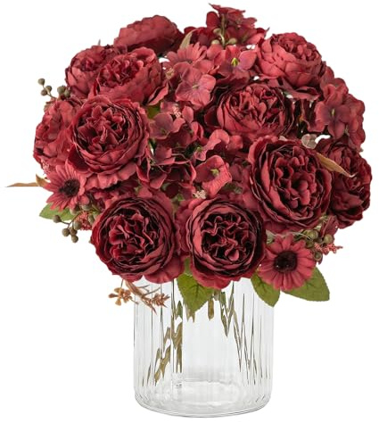 Pfingstrose Künstliche Blumen 4 Bündel Kunstblumen Wie Echt Blumenstrauß | Künstlich Blumenstrauß Rot Seidenblumen Kunstblumen Faux Hydrangea Rosenstrauß für Hochzeit Partei Küche Tisch Dekor