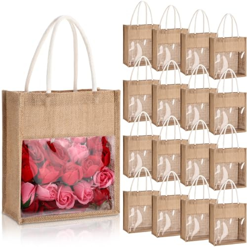 Reginary 16 Pack Burlap Tote Gift Bags with Soft Handles Heavy Duty Multipurpose Jute Shopping Bags for Women Shopping DIY Pool Beach Trip Bridesmaid Wedding (Beige Trim,PVC Window)