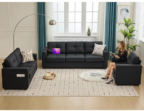 TYBOATLE Black Faux Leather Sofa Sectional Couches for Living Room, 3 Piece Living Room Set Furniture, Comfy Modular Convertible Sofas, Home Office Sofa Set