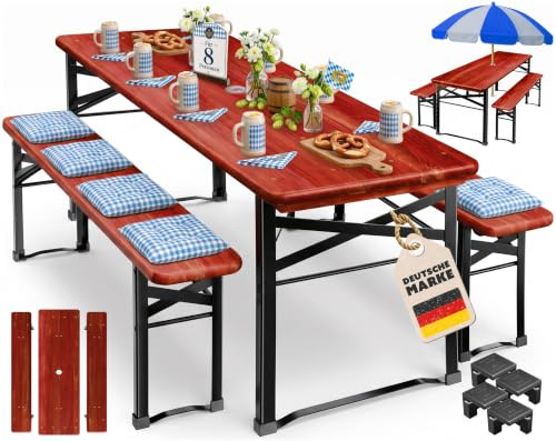 KESSER® Bierzeltgarnitur 3-TLG., Festzeltgarnitur klappbar, Biertisch mit 2 Bierbänken, Gartenmöbel Set Holz, Partygarnitur, Sitzgarnitur, wetterfest, stabil, 170x46x75cm, 12-TLG. Bodenschoner