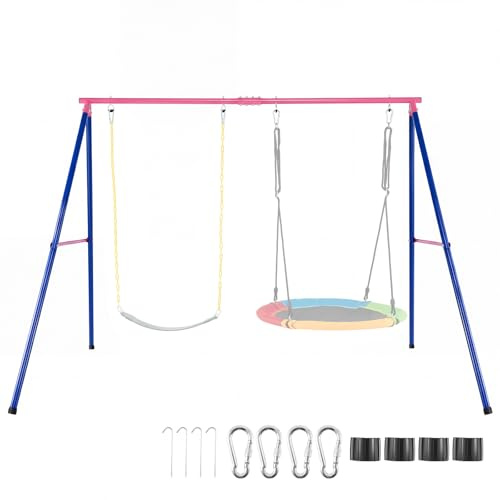 FANTASK Outdoor Schaukelgestell, Schaukelgerüst Metall mit Bodenanker, Rutschfester Fußkappe, Schaukel Gestell bis 300 kg belastbar, Doppelschaukel (Nur Gestell) (Blau-rosa)