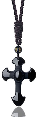COAI Kreuz Anhänger Halskette aus Schwarzer Obsidian mit Nylonschnur Kette für Herren Damen