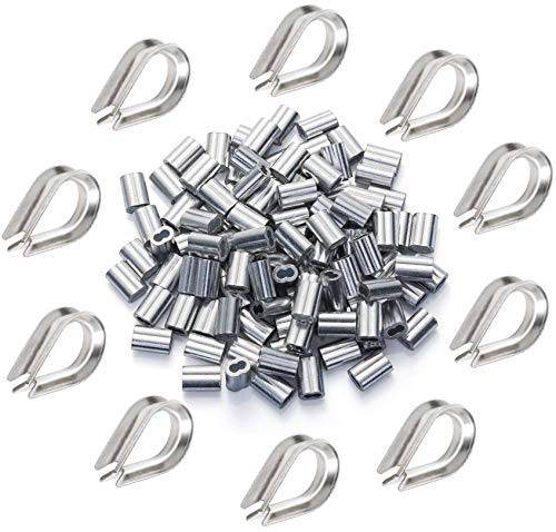 Onwon 100Pcs High Quality 1/16 Diameter Wire Rope Aluminum Crimping Loop Sleeves + 10Pcs M2 Stainless Steel Thimble Combo, Wire Rope Sleeves Aluminum Clip Fittings Cable Crimps
