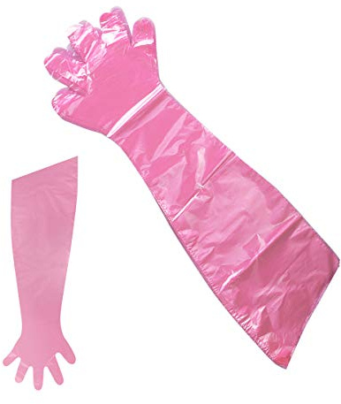 Healifty - Guanti lunghi usa e getta in plastica, per l’inseminazione di bestiame, 50 pezzi, colore: rosso
