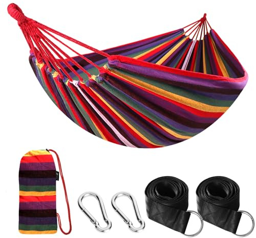 ANYOO Amaca da Giardino in Cotone Tessuto Comodo con Cinghie Rispettose degli Alberi per Appendere, Durevole Amaca Portatile con Borsa da Viaggio per Campeggio, Esterno/Interno, Balcone, Patio