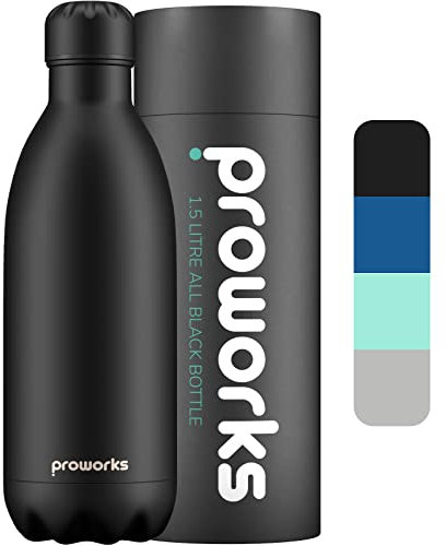 Proworks Edelstahl Trinkflasche | 24 Std. Kalt und 12 Std. Heiß - Premium Vakuum Wasserflasche - Isolierflasche für Sport, Laufen, Fahrrad, Yoga, Wandern und Camping - 1.5 Liter - Ganz Schwarz