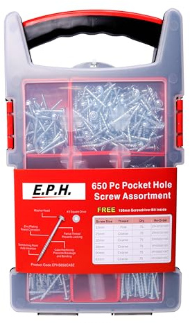 E.P.H. Pocket Hole Screws, 650pc Assorted Self-Tapping Zinc-Coated Square Drive Wood Screws for Hardwood & Softwood, Includes 150mm Driver Bit & Heavy-Duty Carry Case, EPHS650CASE