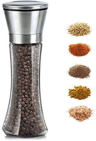 Abdodar Salt and Pepper Grinder, Pepper Mill Shaker - Black Pepper & Himalayan Pink Salt Herb Shakers Mill - Refillable Manual - Stainless Steel Lid - Adjustable Coarseness - Glass Material (T1)