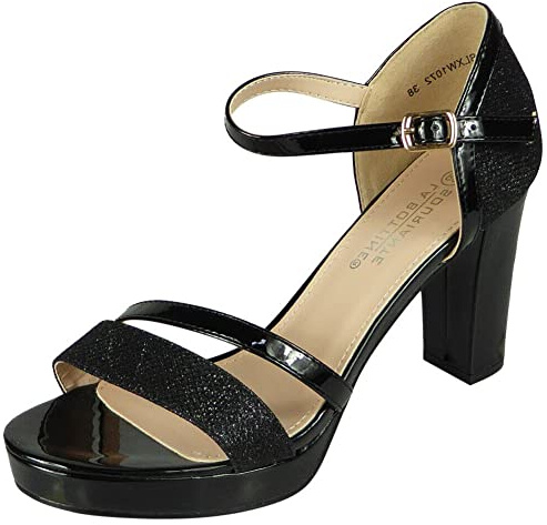 LoudLook Ladies Ankle Strap Bridal Party Sandals Peeptoe Glitter High Block Heel Going Out Shoes Size Black 3
