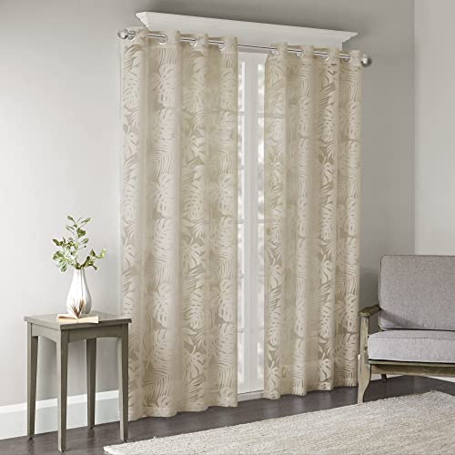 Madison Park Leilani Palm Leaf Burnout Sheer Curtain, Modern Contemporary Lightweight Window Treatment for Living Room with Grommet Top, 1-Single Panel Pack, 50 x 84, Natural