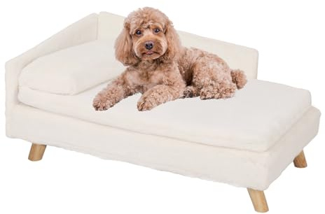 BingoPaw Elevated Dog Sofa Bed: L Shaped Raised Dog Lounger Couch with Durable Wooden Legs - Nordic Plush Fur Pet Chair Bed with Soft Removable Cushion Mat and Pillow L(80x50cm)