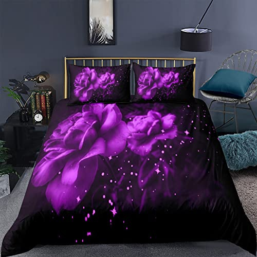 RFFLUX 100% Microfaser Bettwäsche 200x200 cm 3teilig mit Reißverschluss 3D romantisch lila Blumen Sommerbettwäsche Sets Warme Winter Weich und Angenehme Bettbezug mit 2 Kissenbezug 80x80 cm