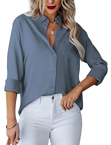 Homlan Damen Bluse V-Ausschnitt Hemd Langarm Elegant Lässige Oberteile Knopfleiste Hemdbluse Arbeit Einfarbig Langarmshirt mit Brusttaschen (Large, Blau Grau)