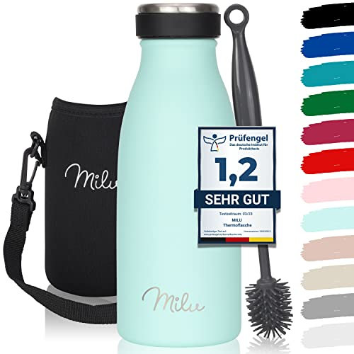 Milu Edelstahl Trinkflasche 350ml, 500ml, 750ml, 1L, 1,5L – Thermosflasche für Kinder Erwachsene auslaufsicher Isolierflasche Kohlensäure geeignet– inkl. Reinigungsbürste (Mint, 350ml)