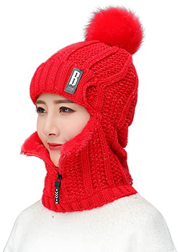 Surakey Damen Wintermütze Schlupfmütze Warm Wintermütze Schalmütze Mütze Damen Winter Strickmütze mit Bommel Fleecefutter Warme Beanie Mütze für Outdoor Wintersport