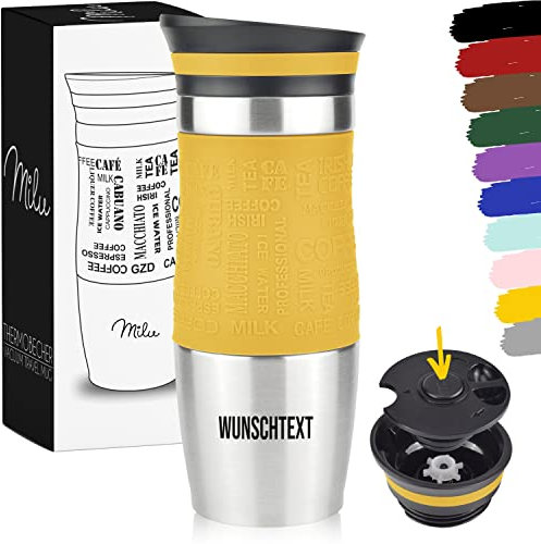 Milu Thermobecher 370ml mit Gravur - als Geschenk-Idee Ostern, Vatertag, Muttertag, Weihnachten, Einschulung, Liebesgeschenk, Geburtstag, Frauen und Männer Mama Papa Kinder (Mango + Gravur)
