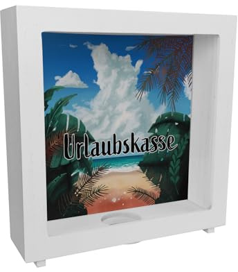 Rahmen Spardose aus Holz aus Keramik mit sommerlichem Strandmotiv und Palmen - Urlaubskasse als schönes Geschenk für Menschen die gerne an den Strand in den Urlaub Fahren um für