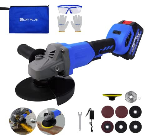 Cordless Angle Grinder 21V Brushless Angle Grinder Tool w/ 3.0Ah Battery & Charger, 2-Position Adjustable Auxiliary Handle,Cutting &Grinding Wheels,Gloves,Goggles for Cutting,Grinding,Polishing,Blue
