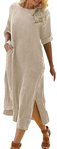 Briskorry Sommerkleid Damen Baumwoll Leinen Midikleid Leinenkleider Sommer Casual Rundhalsausschnitt Kurzarm Freizeitkleid Schlitz Knöchellanges Kleid Strandkleider Boho Langes Kleid mit Taschen