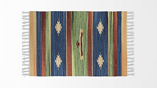 HOME ZEN HOUSEHOLD LINEN - Alfombra de baño, cocina, dormitorio, de algodón, estilo kilim con borlas, lavable a máquina, diseño étnico multicolor (50x110 cm, Diseño 4 - Halcón)