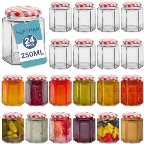 HEFTMAN Confezione da 24 vasetti ermetici da 250 ml per marmellata con coperchio rosso Gingham per conserve, marmellata, miele, candele, conservazione