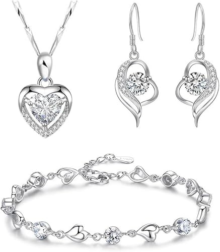 TOFBS Schmuckset Damen Herz Kristall Anhänger Silber Halskette und Ohrringe Set Armkette mit Cubic Zirkonia Brautschmuck Set für Damen Mädchen Hochzeiten Geburtstag