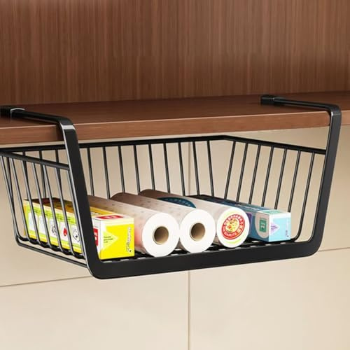 Hängekorb Regal, 2 Stück Unterregal Aufbewahrungskorb, Schrankkorb Zum Einhängen, Hängekorb aus Metall, Unter Schrank Lagerung Organizer, Regaleinhängekorb für Küche, Büro, Bad, Schrank , Schwarz