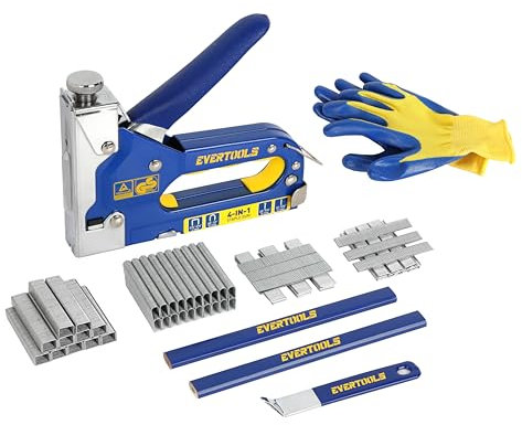 Evertools Robustes 4-in-1-Heftpistolen-Set, manueller Heftgerät mit 2800 Heftklammern und 3200 Stiftnägeln, für Polsterung, Materialreparatur, Dekoration, Türen, Tischlerei und Heimwerker für