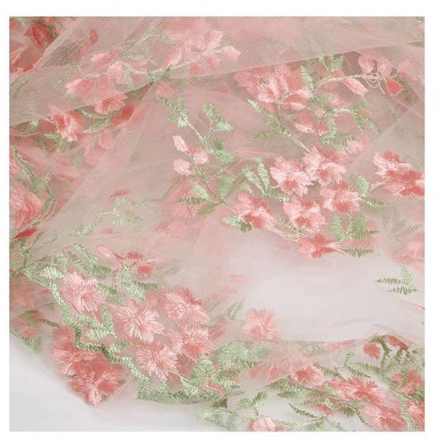 Rockreyoa 140cm Breit Bestickter Spitzenstoff mit Blumenmuster Tüll Spitze Stoff Blumen Stickereistoff zum Nähen Netzstoff für DIY Hochzeitskleid Kleidung Basteln Heimdekoration Rosa 2 Yards