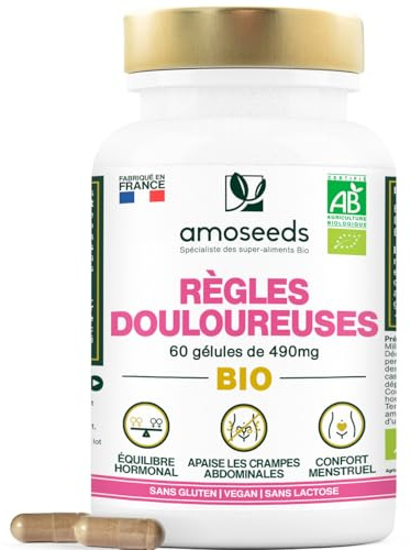 Règles Douloureuses BIO | Soulage les Crampes Menstruelles | 60 gélules | Avant et Pendant les règles | Sans Hormones | Framboisier, Gattilier, Achillée Millefeuille | Qualité Supérieure
